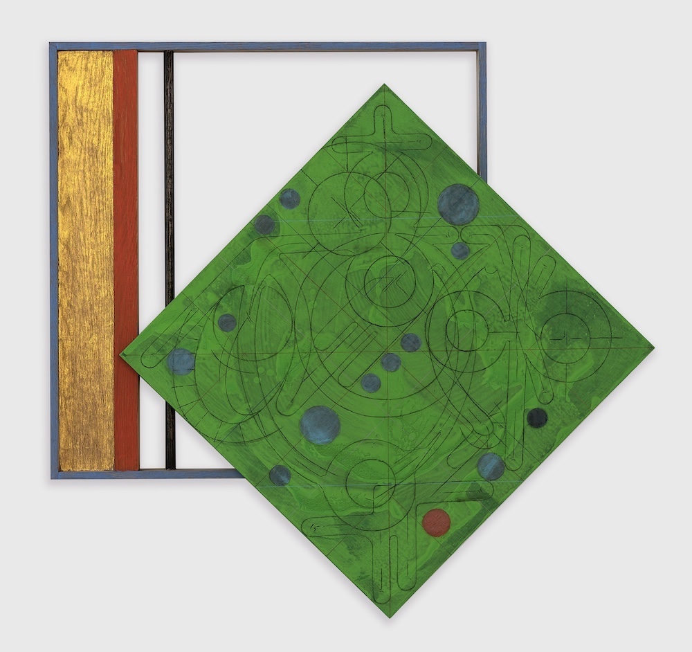 green diptych art piece by Andrew Lyght from his "Touch Wood" Exhibit at Woodstock Byrdcliffe Guild + Kleinert in Woodstock NY