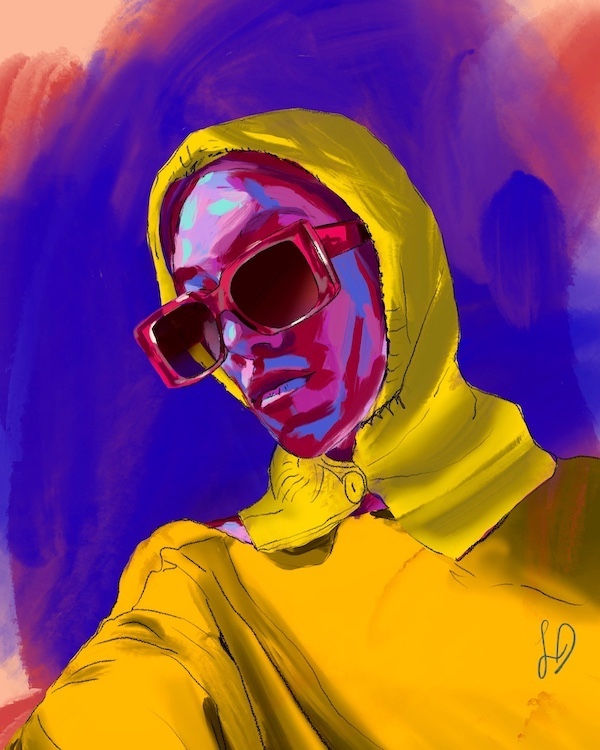 woman in yellow raincoat painting by artist Lizzy DiMuccio from Beacon NY