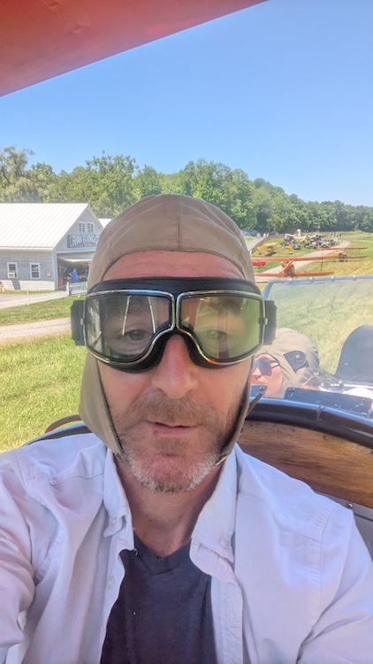 Paul Willis selfie in the biplane flight at Old Rhinebeck Aerodrome in Red Hook NY