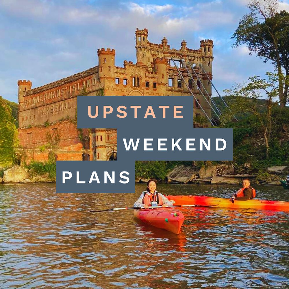 kayak tours at Bannerman Castle with the "Upstate Weekend Plans" text written across the Hudson Valley, NY photo