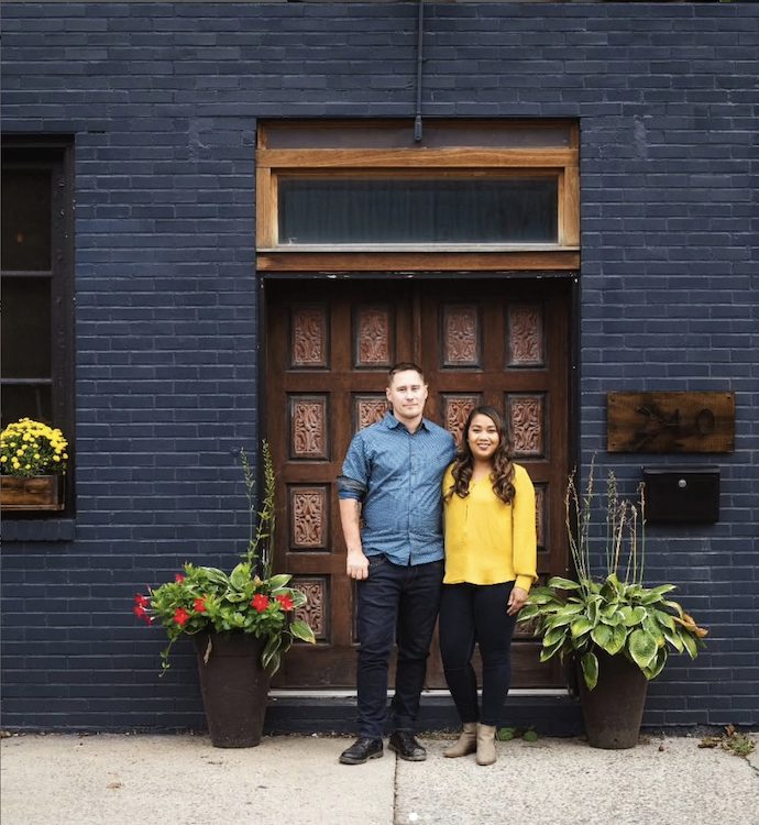 Chef Anton Kinloch with co-owner and wife, Lisa Dy in front of Lone Wolf Cocktail Bar in Kingston, NY.