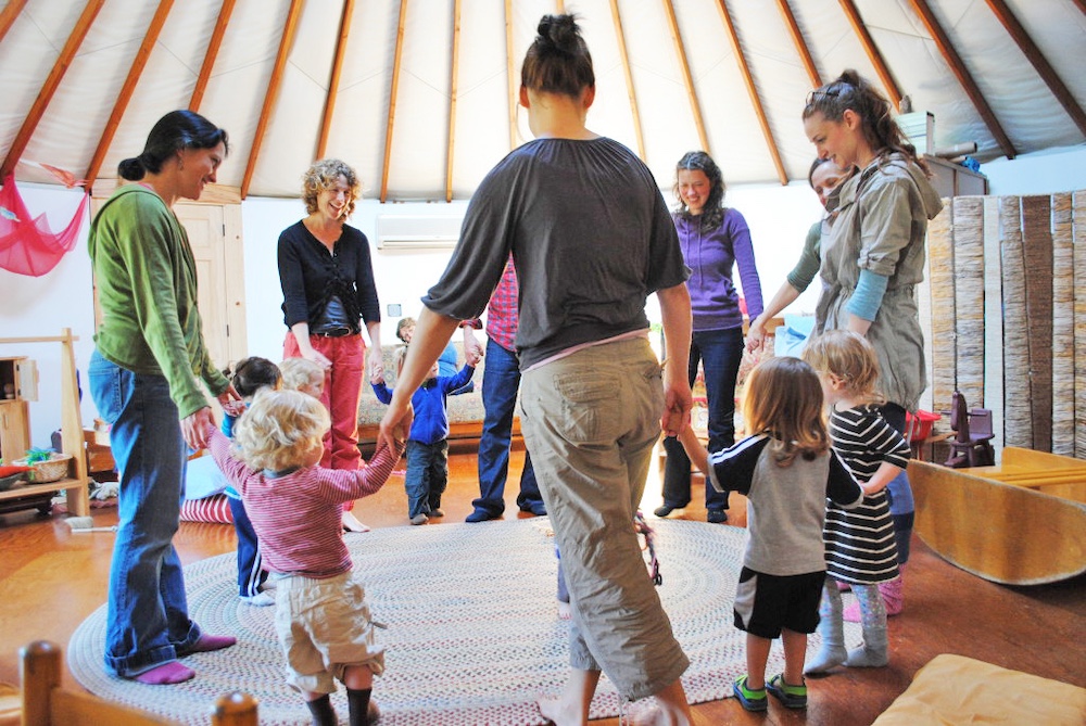 circle time with kids and teachers at Acorn Waldorf School in Accord NY