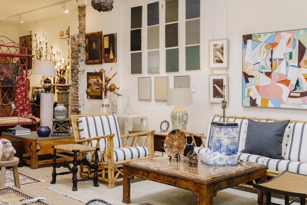 Bamboo vintage furniture and modern art at Bridge House Vintage in Hudson NY