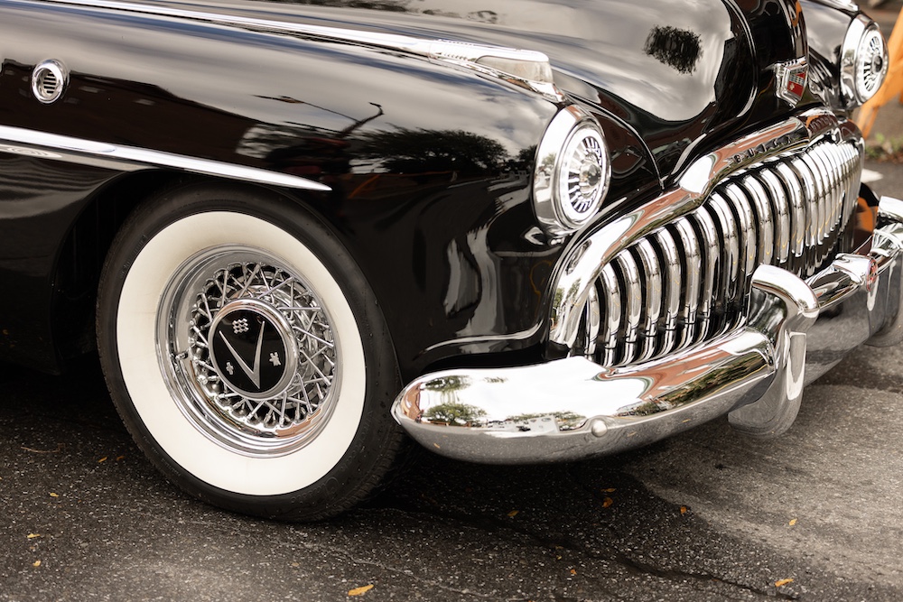 front end of classic black car at StockadeFaire 2025 in Uptown Kingston NY's Historic Stockade District