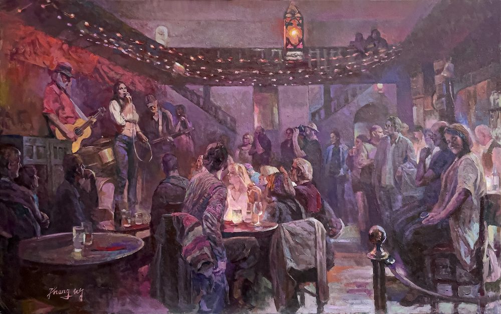 "Nightlife at the Colony Woodstock" Oil on Canvas by Zhang Hongnian