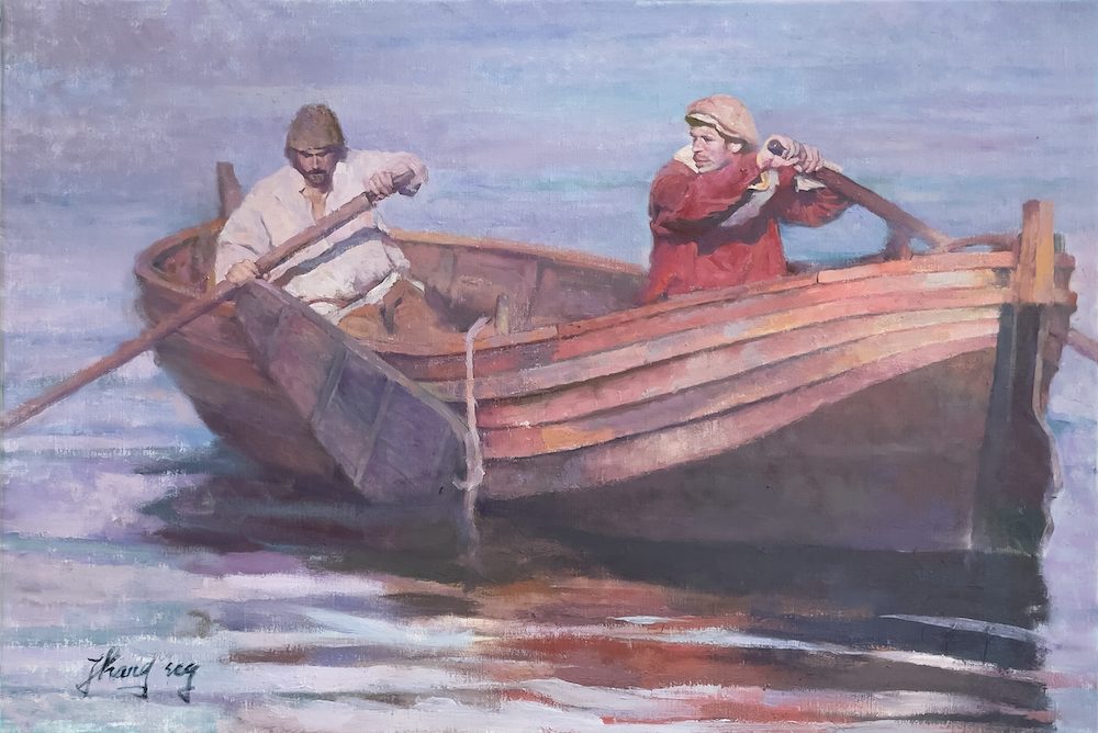 "Rowing" Oil on Canvas by Zhang Hongnian
