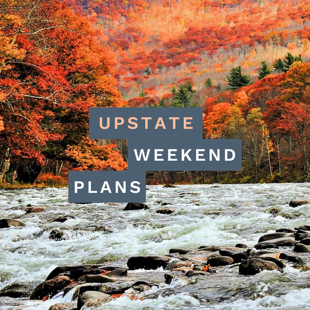 Photo of the Esopus Creek in Boiceville NY during fall with the "Upstate Weekend Plans" text written across the Hudson Valley, NY photo.
