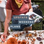 Chris Baker teaching people about mushrooms with her book at White Feather Farm in Saugerties NY