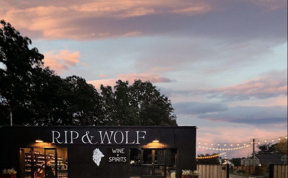 sunset exterior view of Rip + Wolf Trading Post in Catskill, NY