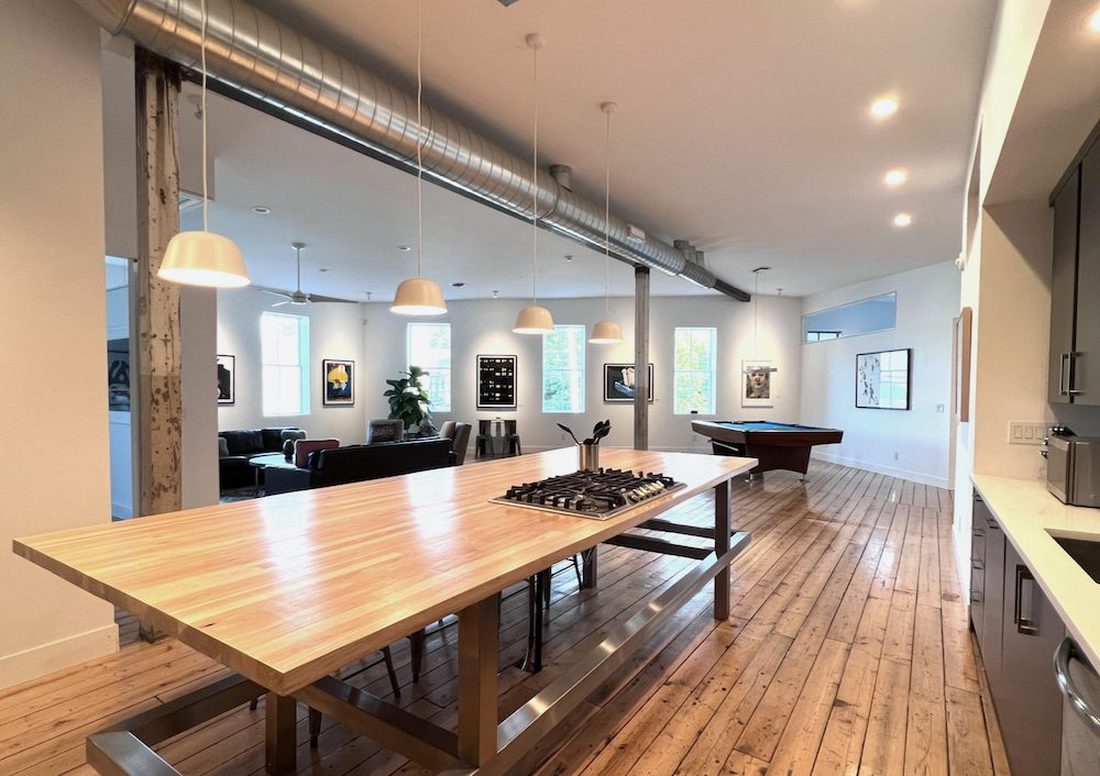 kitchen and living space at Commercial Studio, Gallery + Event Space with Luxury Loft Apartment in Kingston NY