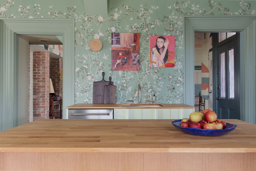 Wallpaper in KDC Design Showhouse kitchen, with artwork from Pinkwater Gallery and artist Michael McGrath. Interior by Ana Claudia Design based in Rhinebeck, NY.
