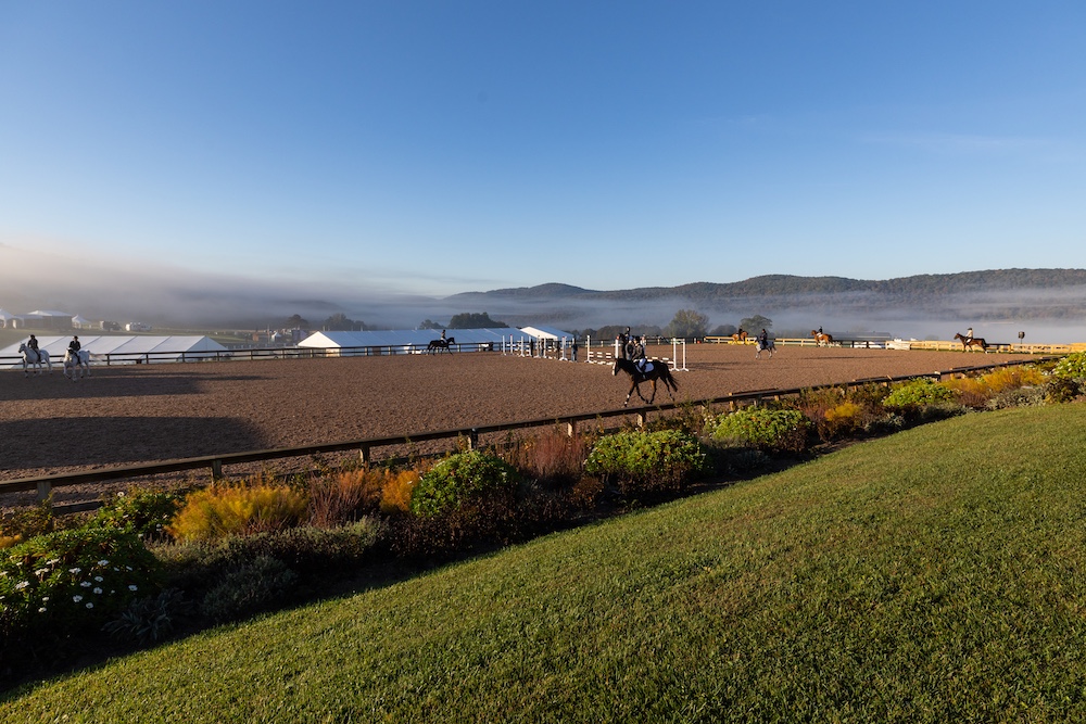 wide shot of the arena where everyone is practicing at Silo Ridge Masters CSI3 Grand Prix at The Highlands Stud Farm in Amenia NY