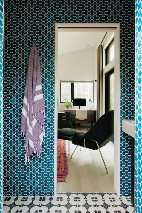 bathroom peek through doorway by Designer Kate Cummings who reimagines the "She-Shed" in Kerhonkson NY
