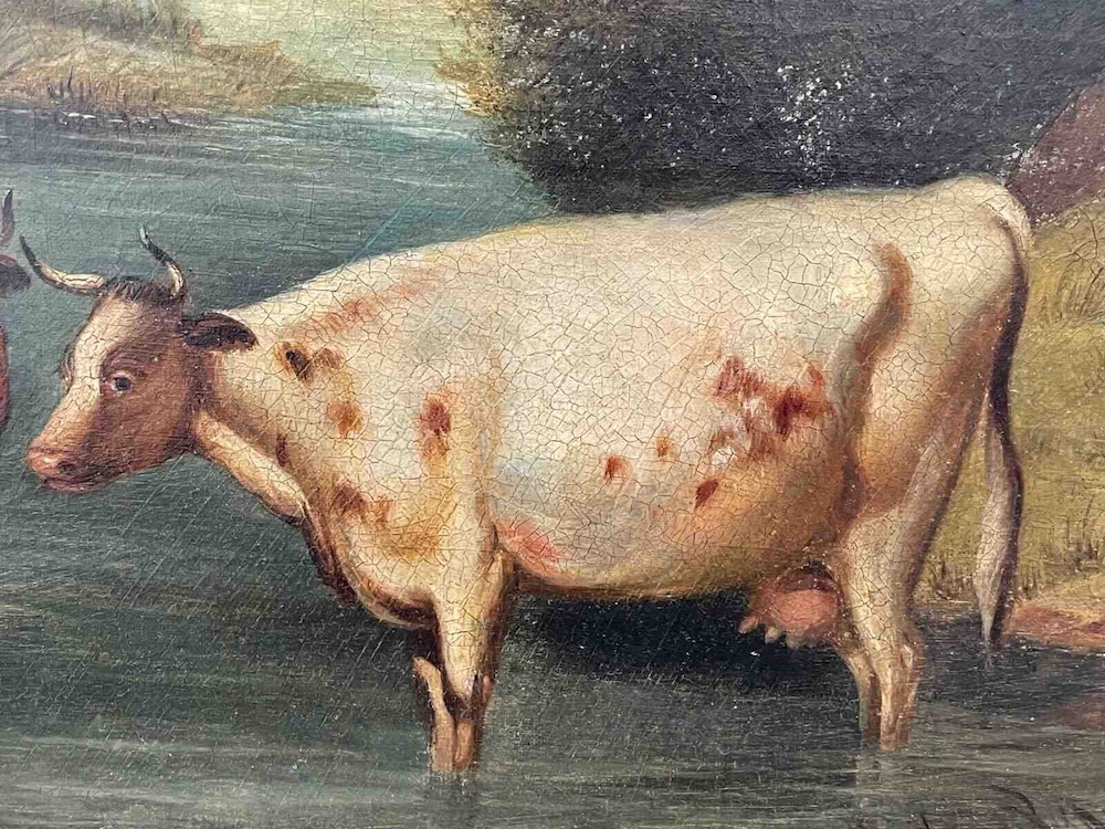 Georgian 18th Century Oil Painting Cattle Gathered Watering