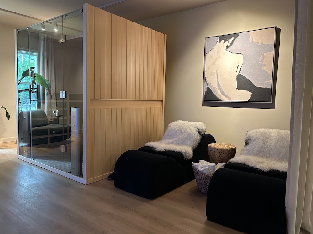 Cryo booth, chairs and painting at Soma Grove Wellness Center in Woodstock, NY.