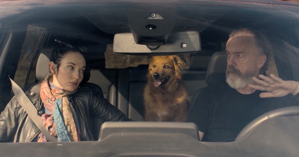 Actors Michael O'Keefe, Cleo the dog, and Elizabeth A. Davis in the film, A Break in the Rain, directed by Don Scardino and premiering at the 2025 Woodstock Film Festival.