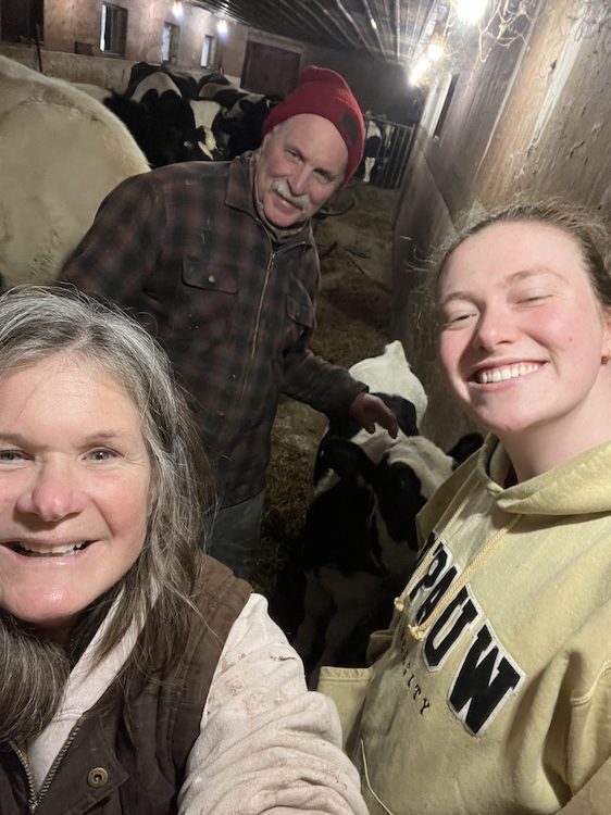Becky, Barton and intern Kristen in the barn at the Hilltop Farm in Accord NY