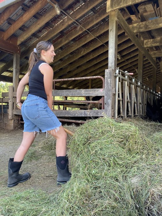 Intern Kristen pitching hay at the Hilltop Farm in Accord NY