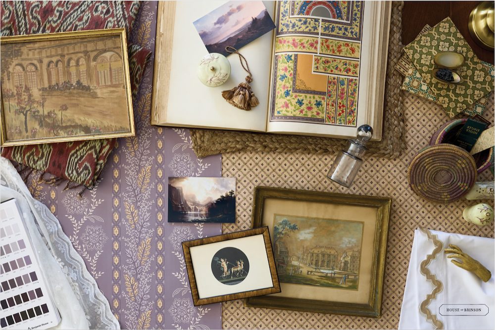 Inspiration Mood Board for Primary Bedroom in the 2025 Kingston Design Showhouse. Design by interior designer Susan Brinson of House of Brinson in the Hudson Valley, NY.