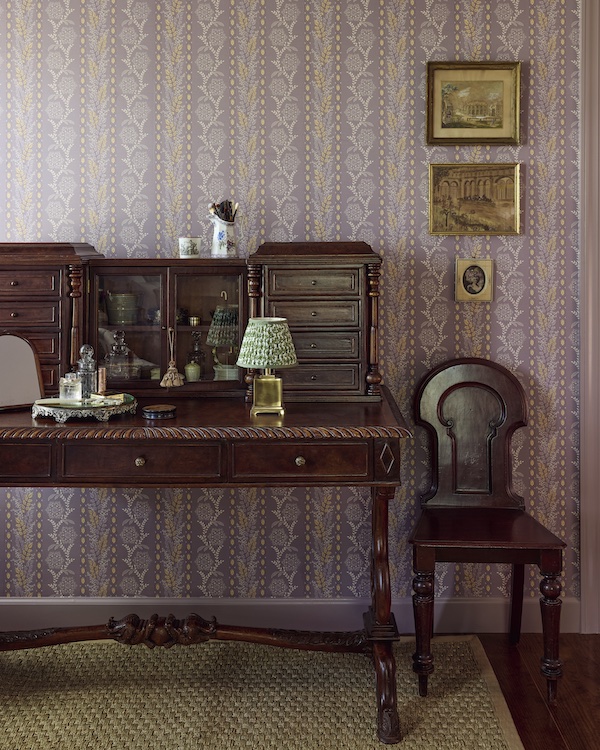 Wallpaper and antique furniture in the primary bedroom of the 2025 Kingston Design Showhouse. Designed by Susan Brinson of House of Brinson Interior Design in New York's Hudson Valley.