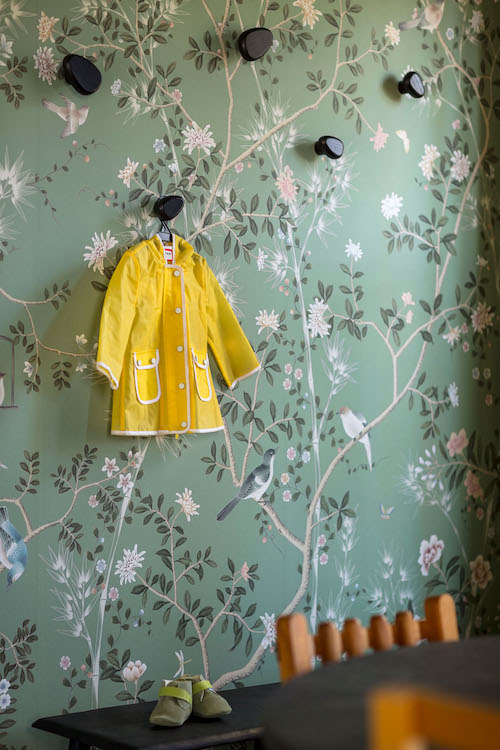 Kingston Design Showhouse Kitchen Wallpaper and little yellow jacket on hook for 2025 Design Showhouse. Interiors by Ana Claudia Design in Rhinebeck, NY.