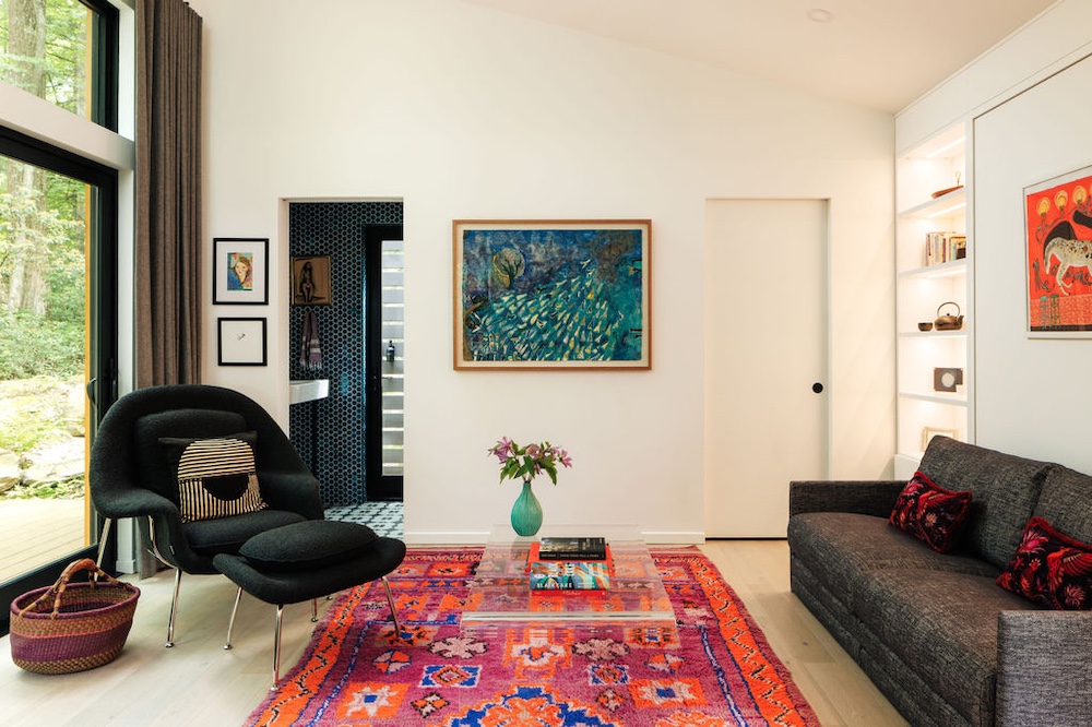 living room by Designer Kate Cummings who reimagines the "She-Shed" in Kerhonkson NY