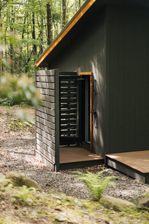 shower outdoors by Designer Kate Cummings who reimagines the "She-Shed" in Kerhonkson NY