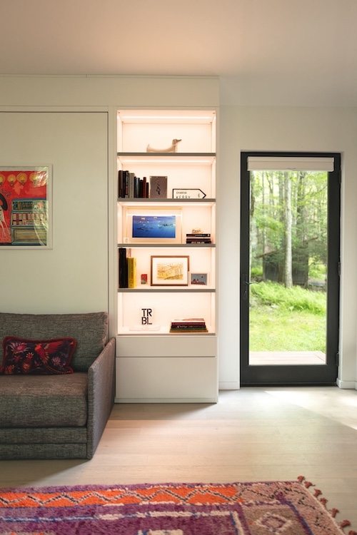 interior sholving by Designer Kate Cummings who reimagines the "She-Shed" in Kerhonkson NY