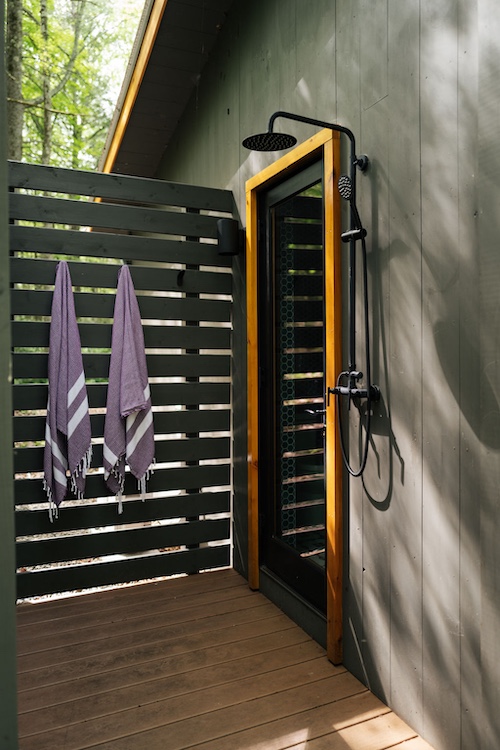 outdoor shower by Designer Kate Cummings who reimagines the "She-Shed" in Kerhonkson NY