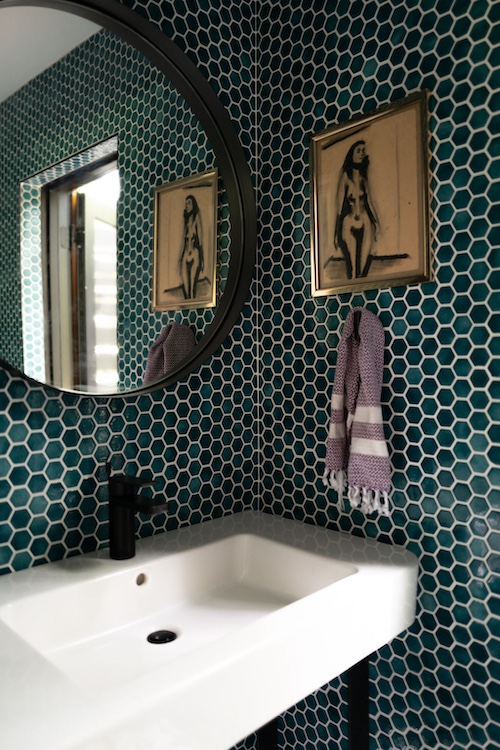 tile and sink by Designer Kate Cummings who reimagines the "She-Shed" in Kerhonkson NY