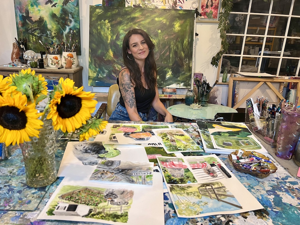 sunflowers in her art studio by Artist Tara Bach in Saugerties NY
