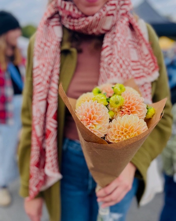 dahlias in a bouquet at Beacon Farmers Market