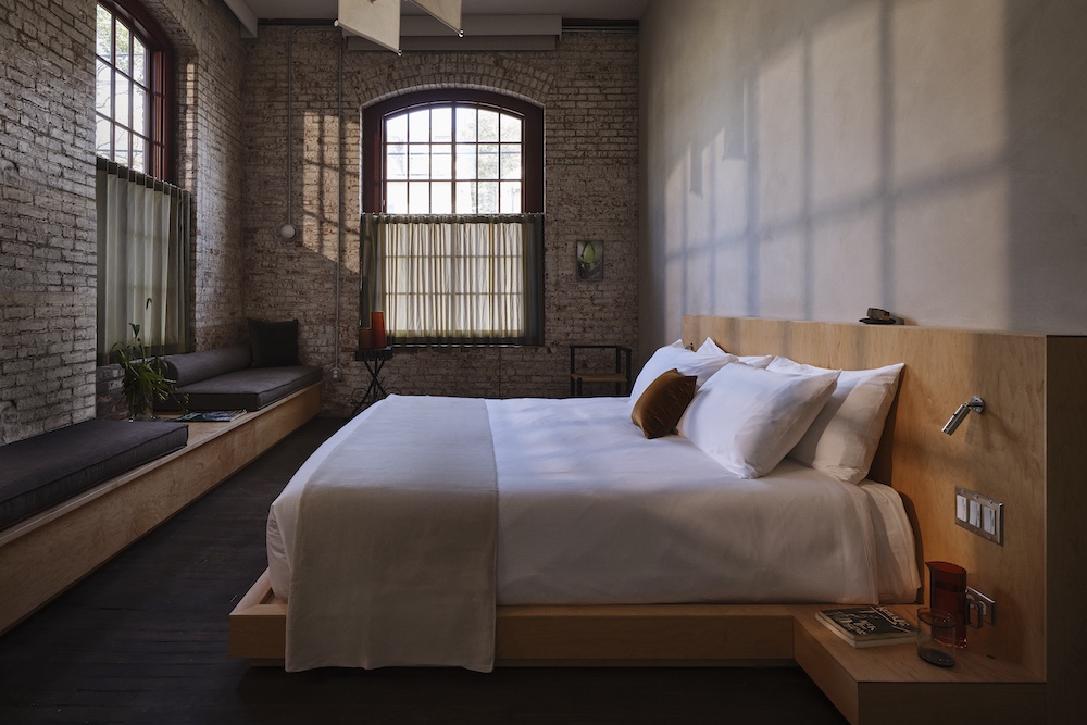 corner studio bed and benches at Pocketbook Hudson in Hudson NY