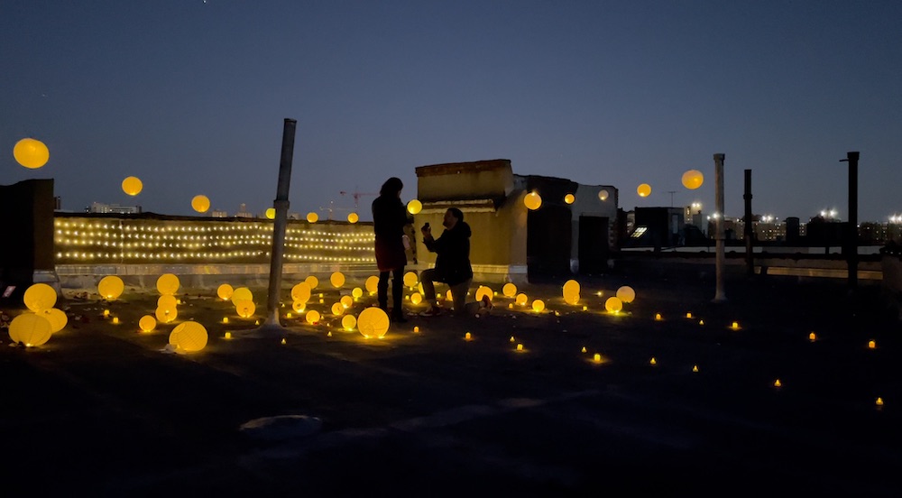 Rooftop proposal. Michael Pizzano and Sarah Seeds. A Colony Woodstock wedding. 