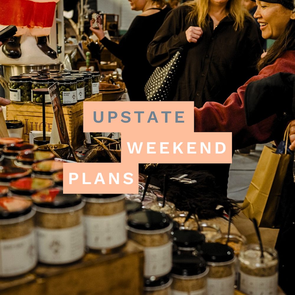 people shopping at a local makers market in Kingston NY with the "Upstate Weekend Plans" text written across the Hudson Valley, NY photo.