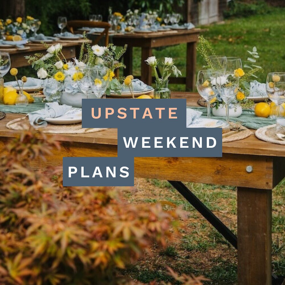 fall table setting outside with the "Upstate Weekend Plans" text written across the Hudson Valley, NY photo.