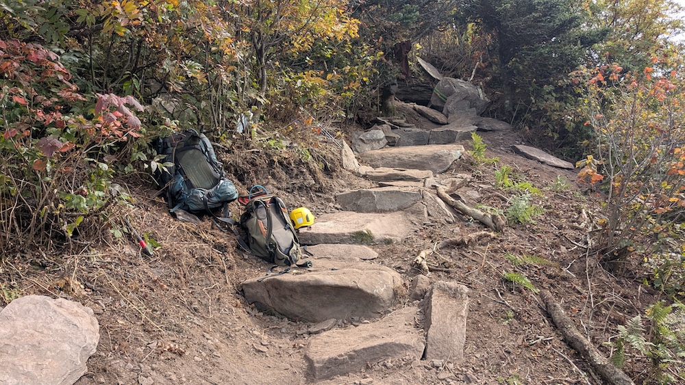 building a hiking trail up on the side of a mountain in the Catskills NY