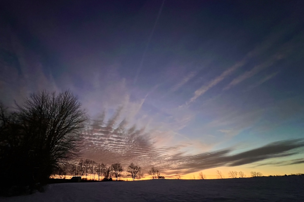 sunset in winter at Hilltop farm in Accord NY