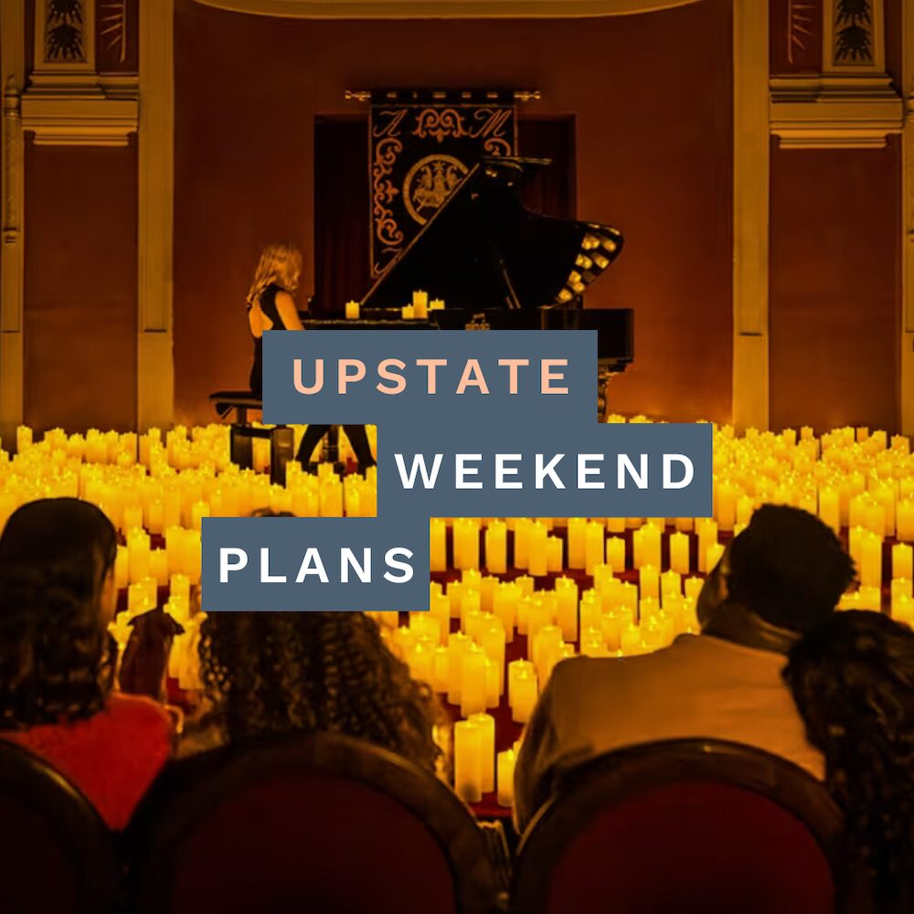 piano player with candles all around her on stage with the "Upstate Weekend Plans" text written across the Hudson Valley, NY photo.
