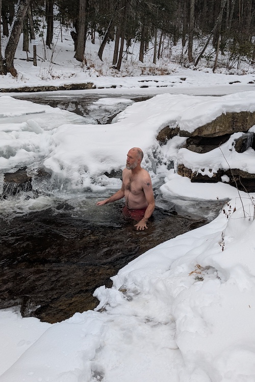 David having a Polar Bear Plunge into Peter's Kill in the Minnewaska State Park Preserve, NY