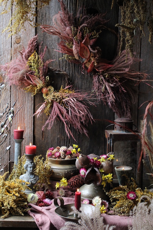 dried flower arrangements and candles at Hort & Pott in Freehold NY