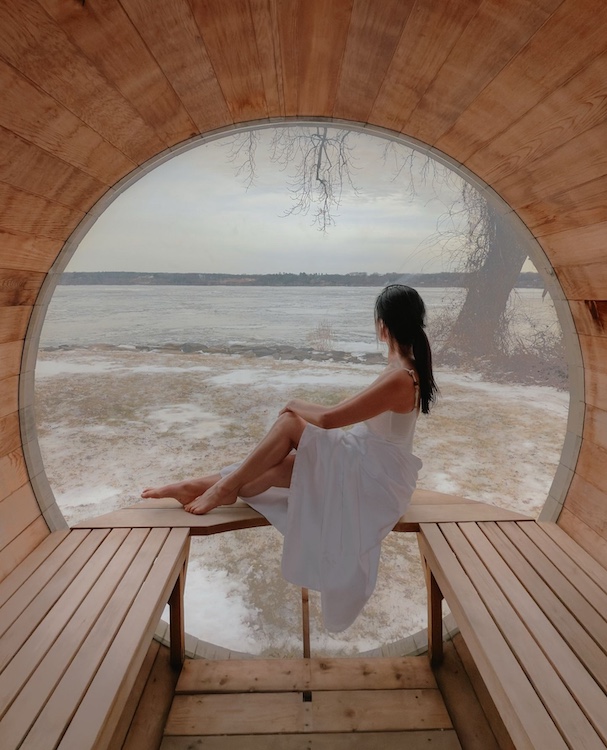 woman in sauna in the wintertime at Hutton Brickyard in Kingston NY