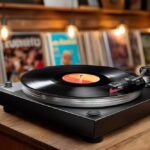 Black turntable playing a vinyl record with warm lighting and a collection of vinyl records in the background, creating a cozy atmosphere