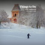 Olana Historical Site in winter with a skiier flying by...with the "Things to Do in the Hudson Valley This Weekend" text written across the Hudson Valley, NY photo.