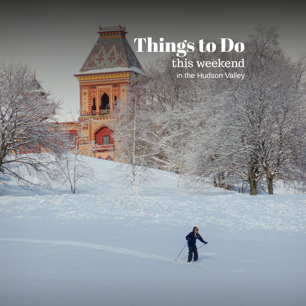 Olana Historical Site in winter with a skiier flying by...with the "Things to Do in the Hudson Valley This Weekend" text written across the Hudson Valley, NY photo.