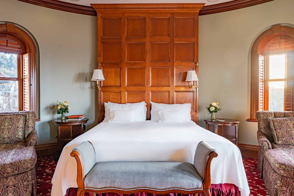 the bed in the bedroom suite at Mohonk Mountain House in New Paltz NY