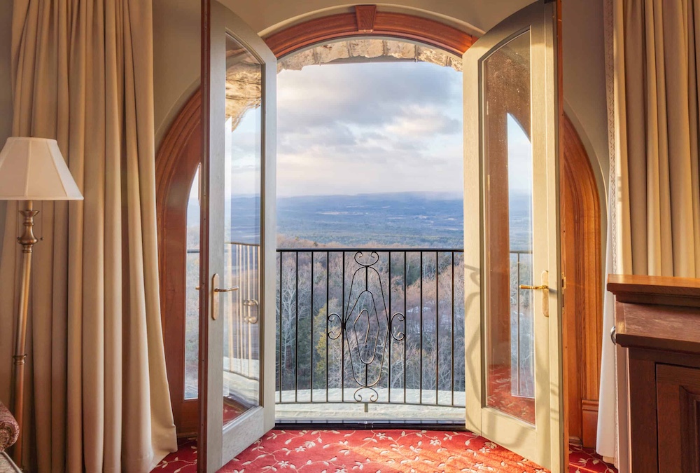 the balcony view from the bedroom suite at Mohonk Mountain House in New Paltz NY