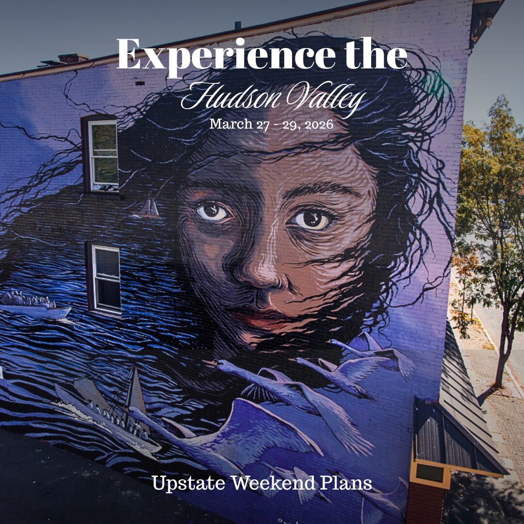Mural in Kingston NY of a Sudanese Poet created by Jess X Snow with the "Experience the Hudson Valley" and "Upstate Weekend Plans" text written across the Hudson Valley, NY photo this the upcoming weekend dates.