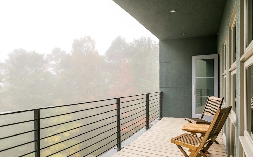 bedroom balcony view on a foggy day