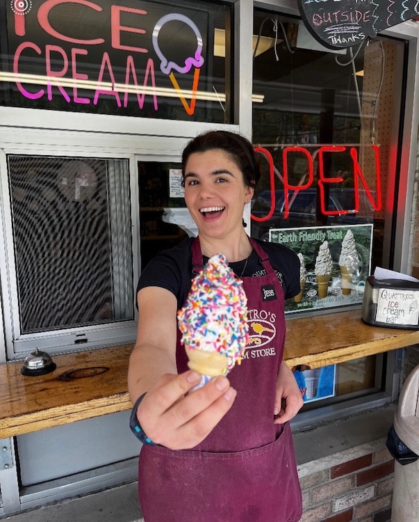 Jess serving up ice-cream at Quattro's Market